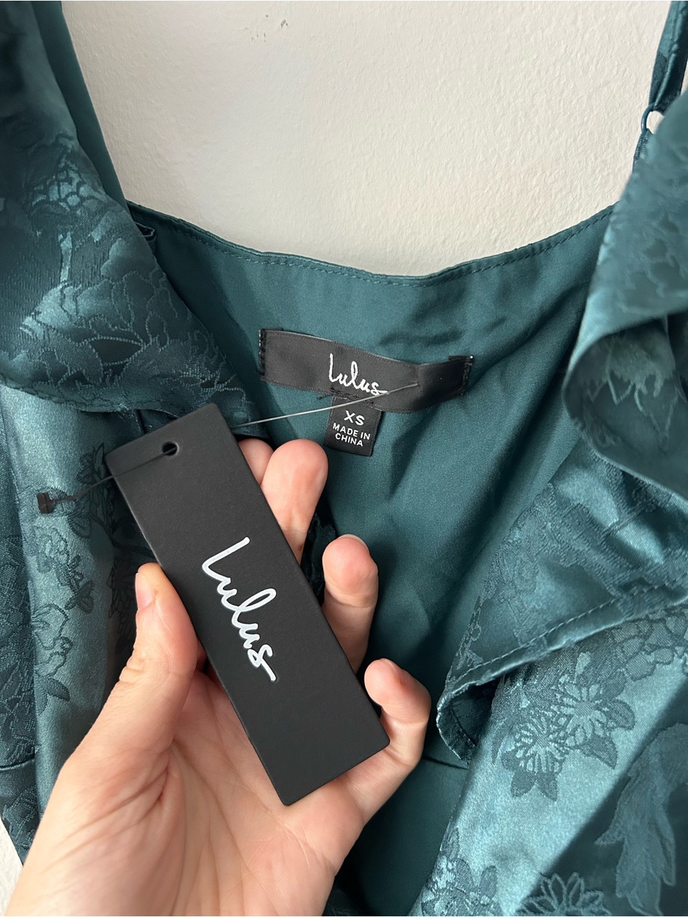 Emerald Green Satin Wrap Maxi Dress with slight tear - Picture 6 of 8
